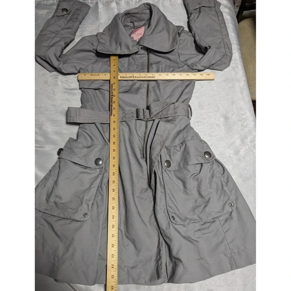 TED BAKER LONDON Women Size 2 Gray Belted Lined Full Zip Trench Coat - Picture 8 of 16